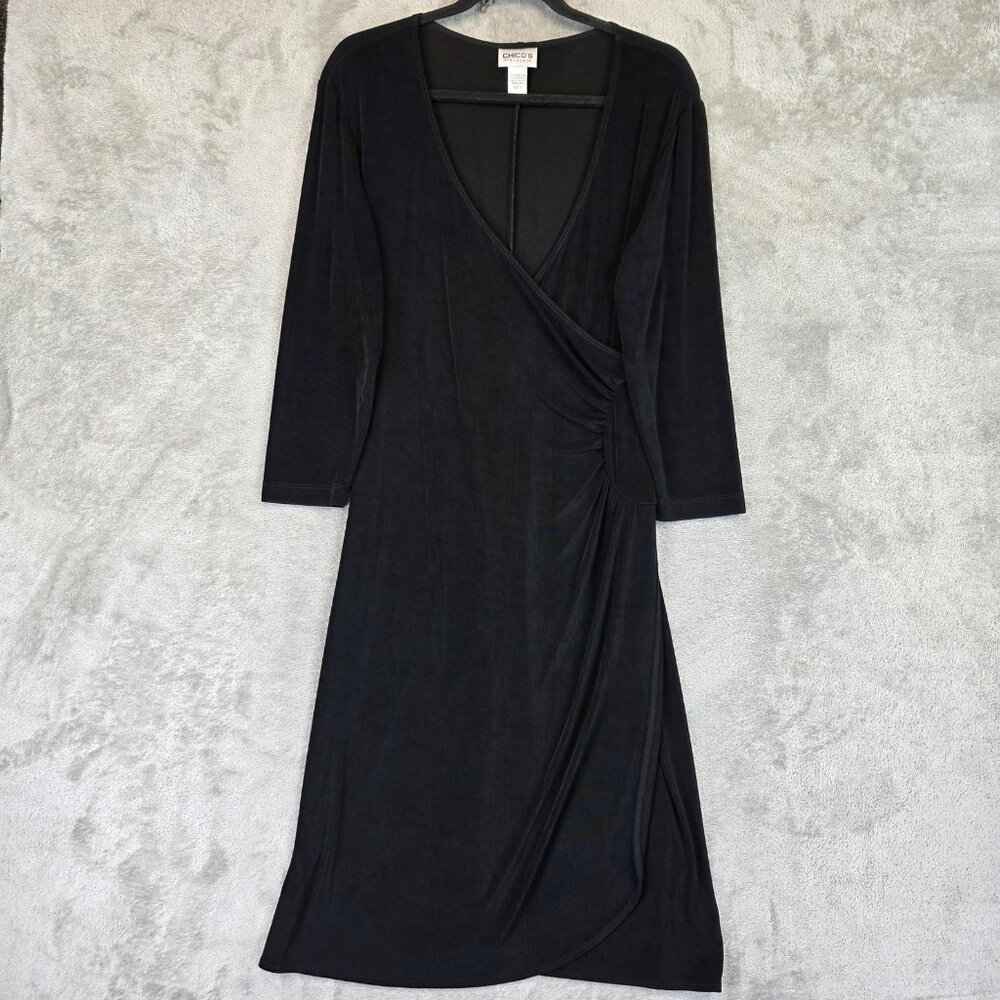 Chicos Travelers Dress Womens Size 1 M Black Wrap Ruched Midi 3/4 Sleeve USA